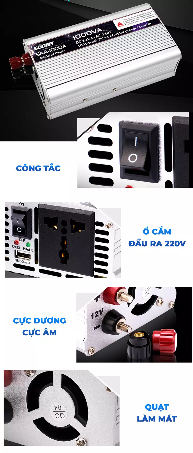 INVERTER SUOER SAA-500A Bộ Kích Điện 12V Lên 220V - Máy Kích Điện 500W Sin Mô Phỏng [Chính Hãng]