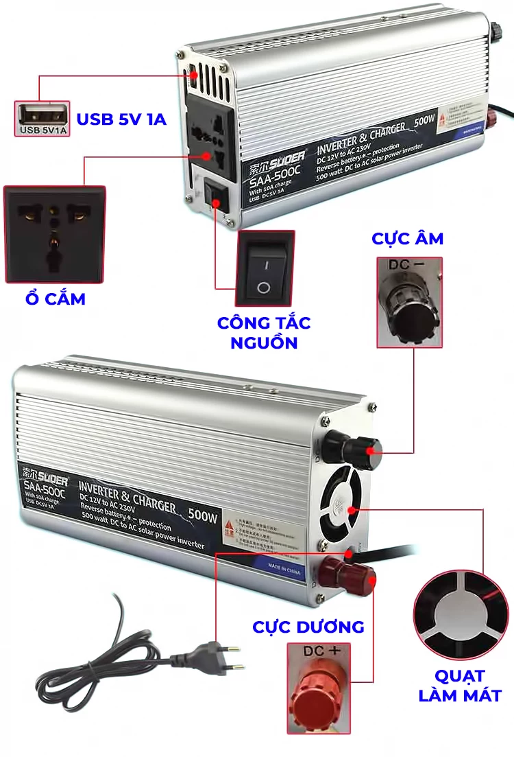 INVERTER SUOER SAA-500C Bộ Kích Điện Đổi Điện 12V Lên 220V - Máy Kích Điện 500W Sin Mô Phỏng Có Sạc 10A [Chính Hãng]