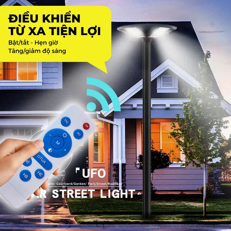 điều khiển từ xa đèn UFO năng lượng mặt trời sân vườn 1200W