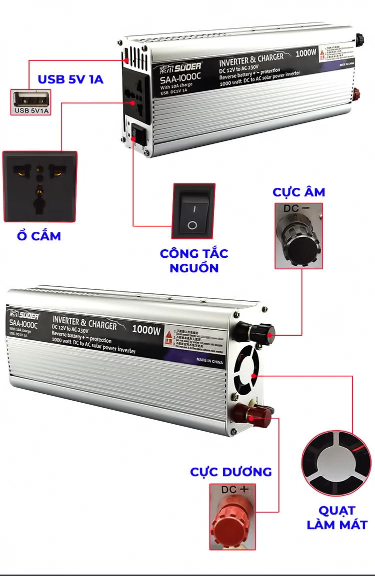 INVERTER SUOER SAA-1000C Bộ Kích Điện Đổi Điện 12V Lên 220V - Máy Kích Điện 1000W Sin Mô Phỏng Có Sạc 10A [Chính Hãng]