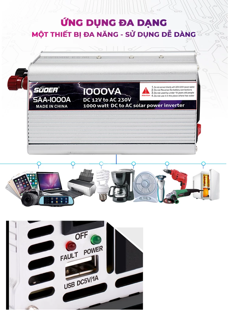 INVERTER SUOER 1000W - Máy Kích Điện SAA 1000W Chuyển Dòng Điện Thành 220V