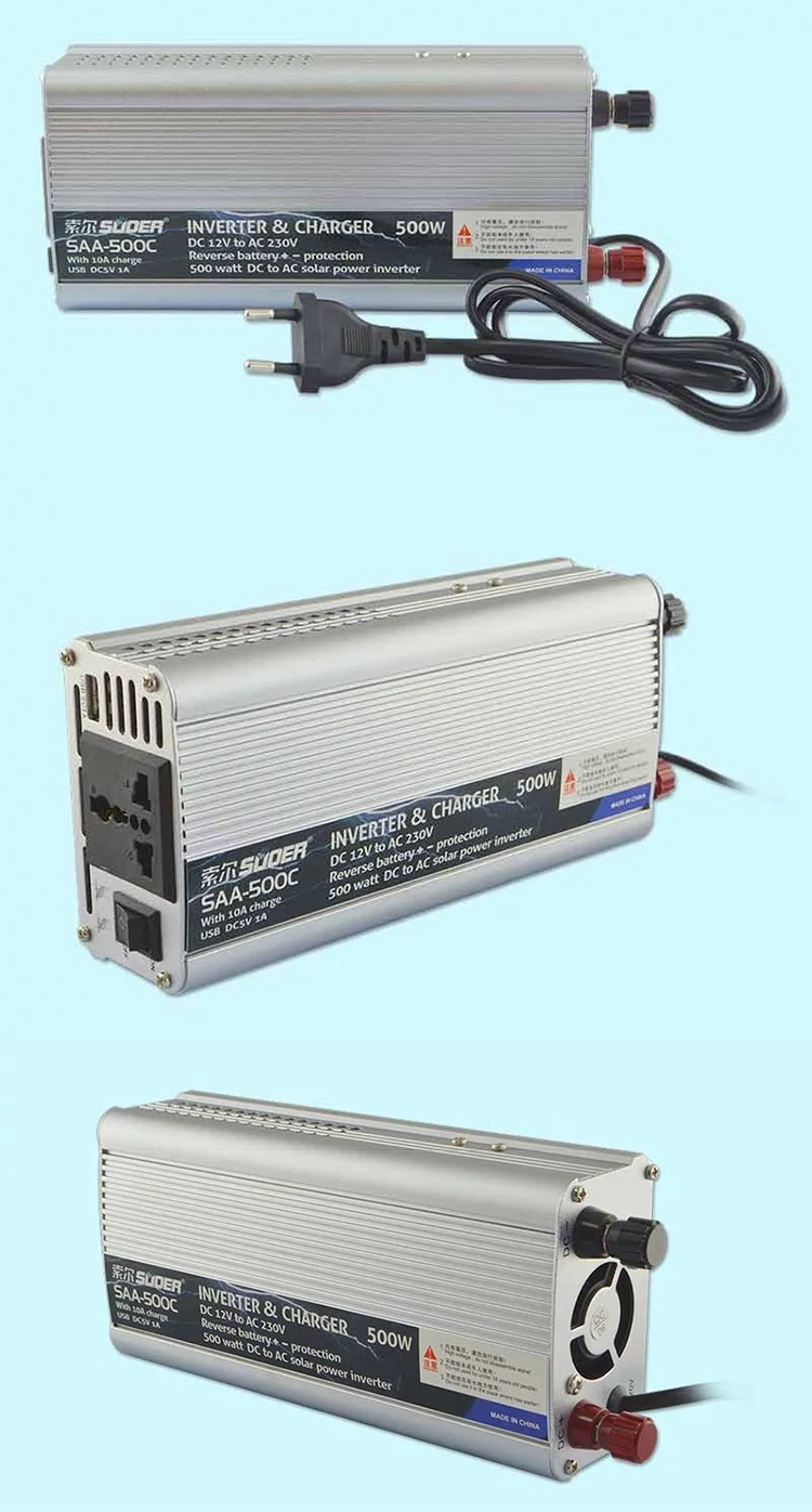 INVERTER SUOER 500W Máy Kích Điện SAA-500C Chống Ngược Cực Có Tích Hợp Sạc