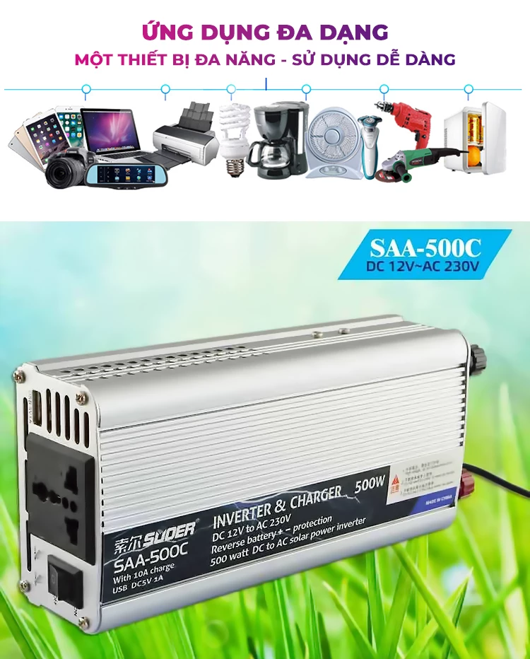 INVERTER SUOER 500W Máy Kích Điện SAA-500C Chống Ngược Cực Có Tích Hợp Sạc