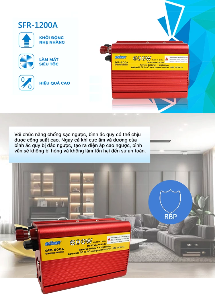 INVERTER SUOER 600W SFR-600A Máy Kích Điện Lên 220V Chống Ngược Cực