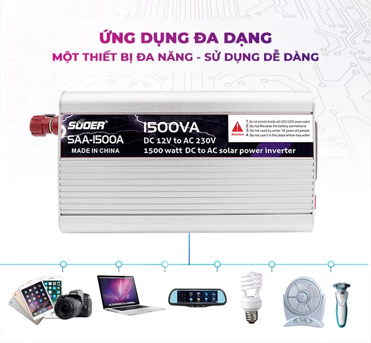 INVERTER SUOER SAA-1500A Bộ Kích Điện 12V Lên 220V - Máy Kích Điện 1500W Sin Mô Phỏng [Chính Hãng]