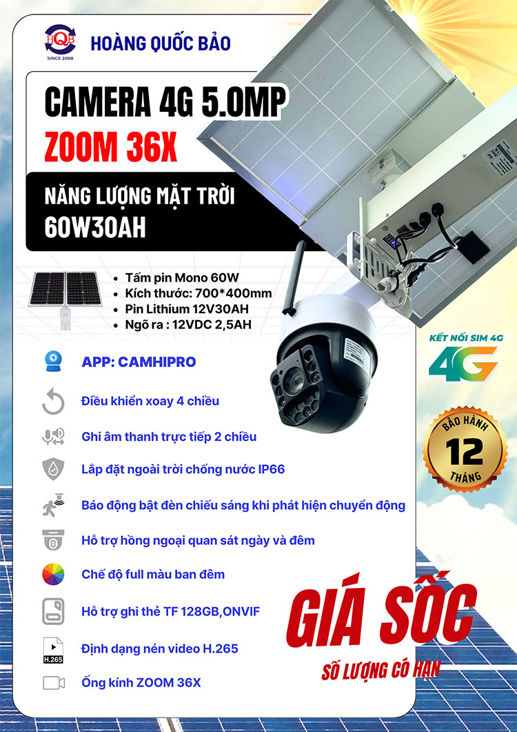 Camera Năng Lượng Mặt Trời 4G 5.0mp Zoom 36x Tấm Pin Năng Lượng 60W30AH