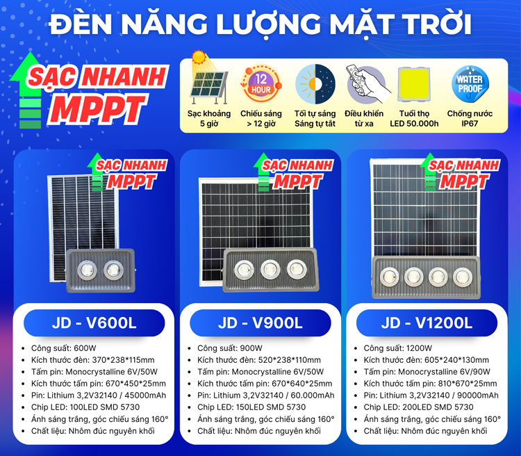 Đèn năng lượng mặt trời sạc nhanh MPPT JD - V600L JD - V900L JD - V1200L