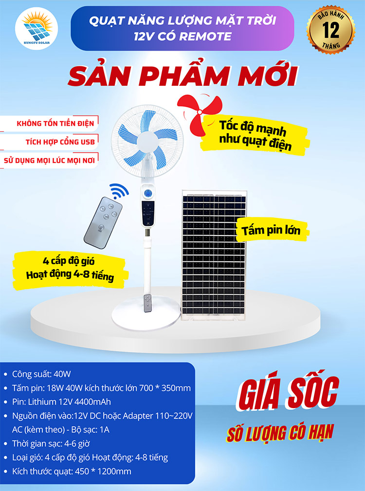 Quạt 12V Năng Lượng Mặt Trời Tấm Pin Lớn Tốc Độ Mạnh 4 cấp độ gió - Điều Khiển Từ Xa