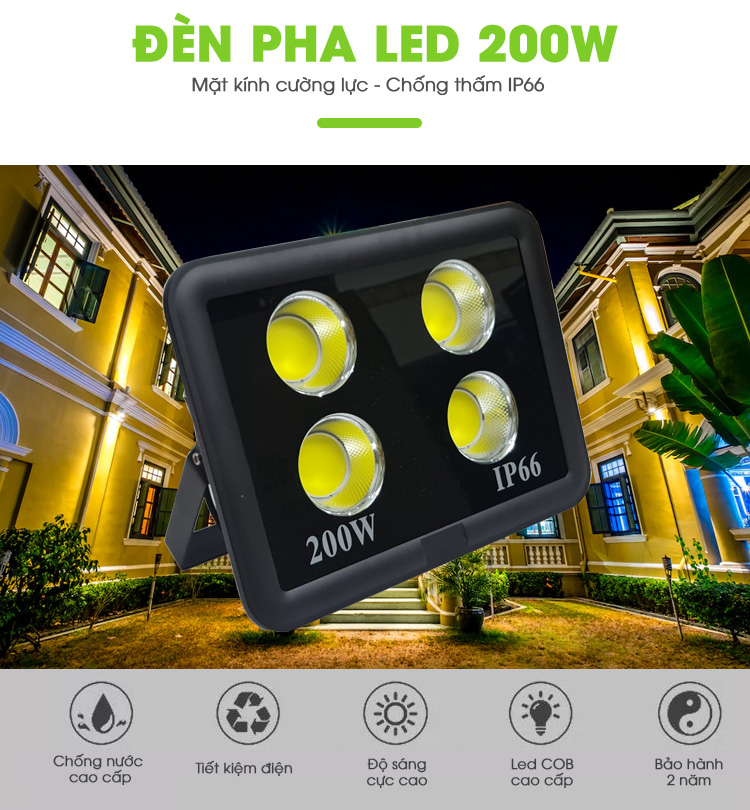 Đèn Pha Led 200W IP66 Chip Led COB Ánh Sáng Trắng