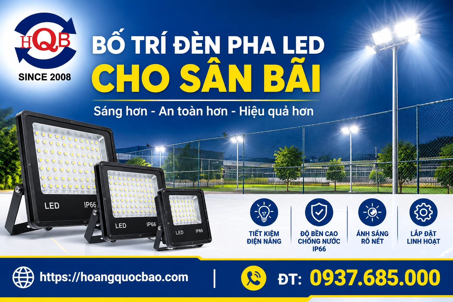 Bố trí đèn pha LED cho sân bãi: Hướng dẫn từ độ rọi lux đến khoảng cách cột