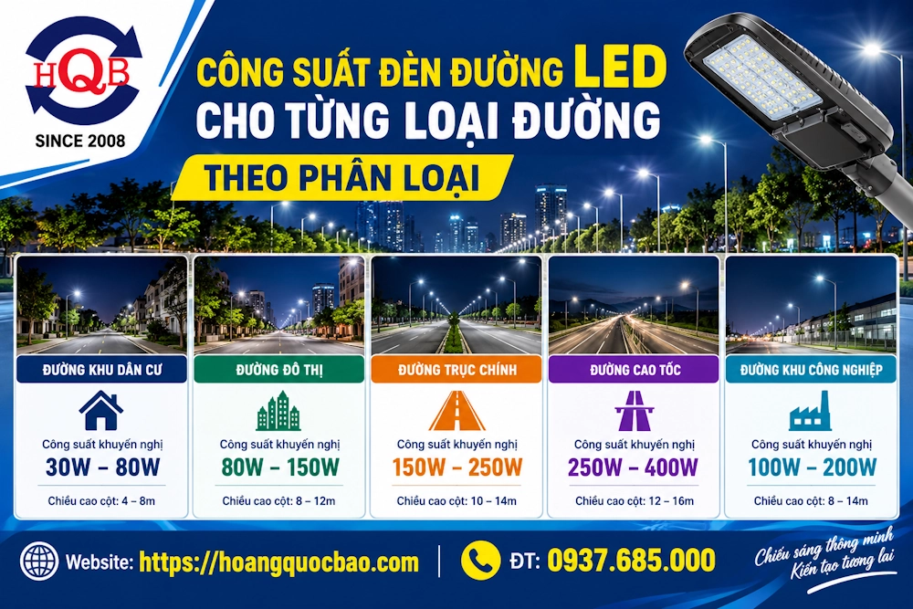 Công suất đèn đường LED cho từng loại đường theo phân loại và tiêu chuẩn