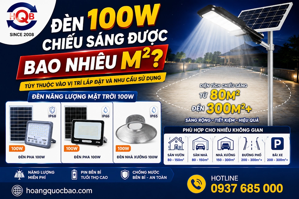Đèn 100W chiếu sáng được bao nhiêu mét vuông?