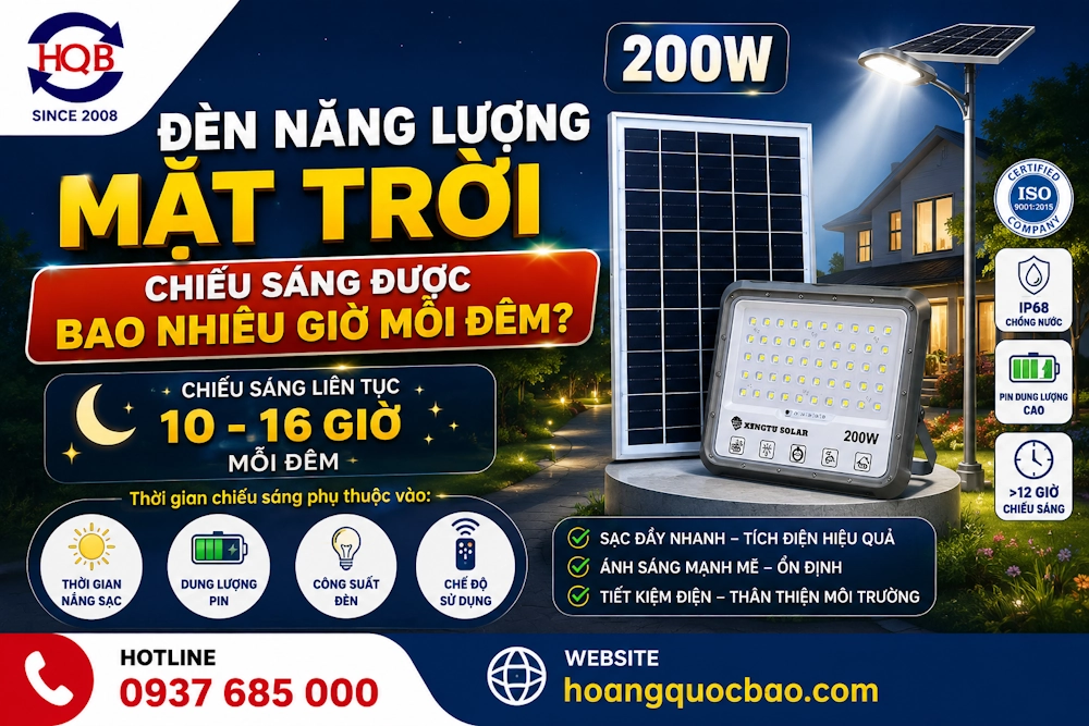 Đèn năng lượng mặt trời chiếu sáng được bao nhiêu giờ mỗi đêm?
