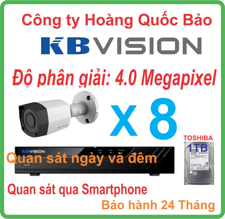 Hệ thống 08 camera thân KBVISION 4.0 Megapixel.