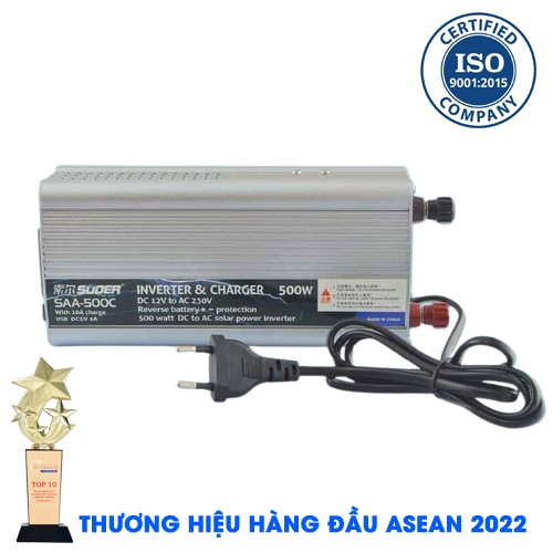 INVERTER SUOER SAA-500C Bộ Kích Điện Đổi Điện 12V Lên 220V - Máy Kích Điện 500W Sin Mô Phỏng Có Sạc 10A [Chính Hãng]