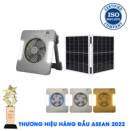 Quạt năng lượng mặt trời di động tích hợp đèn led, tấm pin gấp gọn