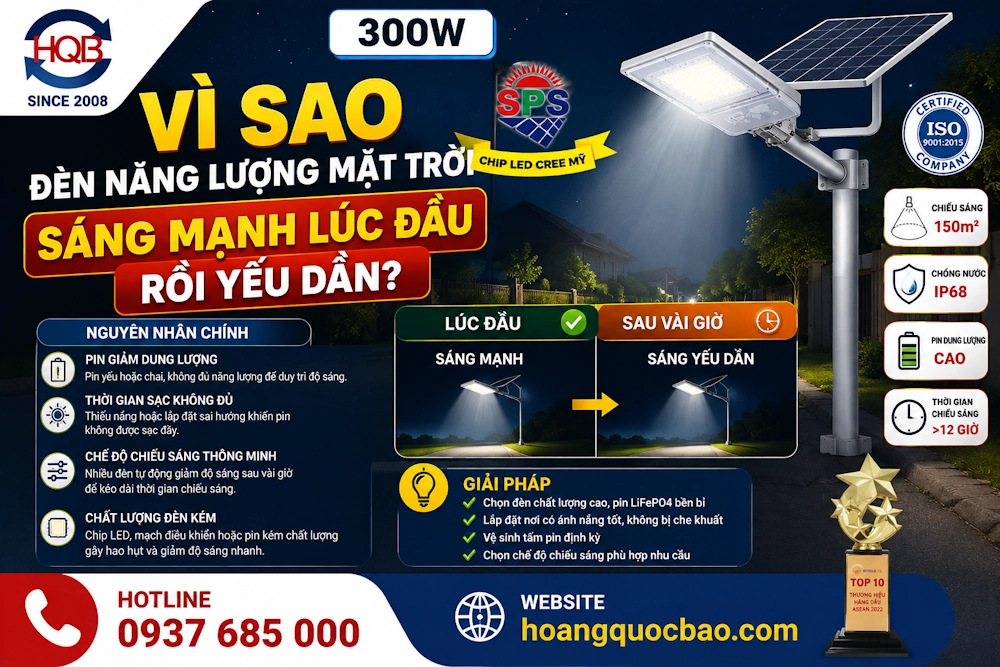 Vì sao đèn năng lượng mặt trời sáng mạnh lúc đầu rồi yếu dần?